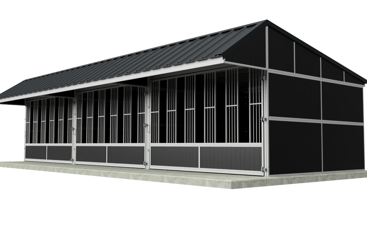 Outdoor Stable with 3 Horse Boxes for Group Housing